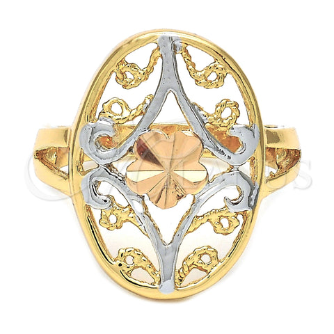 Anillo Elegante 5.175.009.07 Oro Laminado, Diseño de Flor y File, Diamantado, Tres Tonos (Size 7)
