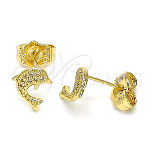 Arete Dormilona 02.156.0048 Oro Laminado, Diseño de Delfín, con Blanca Micro Pave, Pulido, Tono Dorado