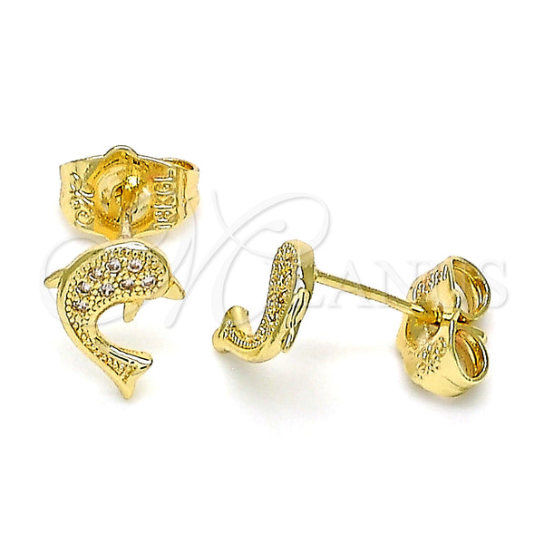 Arete Dormilona 02.156.0048 Oro Laminado, Diseño de Delfín, con Blanca Micro Pave, Pulido, Tono Dorado