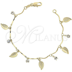 Pulsera de Dije 03.63.1053.07 Oro Laminado, Diseño de Oja, con Blanca Zirconia Cubica, Pulido, Tono Dorado (7 Inches Length)