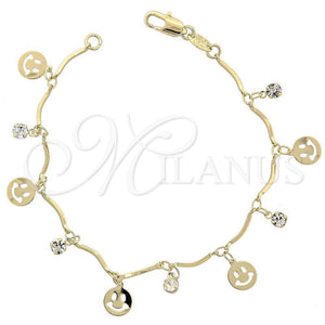 Pulsera de Dije 03.63.1062.07 Oro Laminado, Diseño de Carita Feliz, con Blanca Zirconia Cubica, Pulido, Tono Dorado (02 MM Thickness, 7 Inches Length)