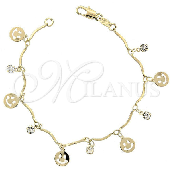 Pulsera de Dije 03.63.1062.07 Oro Laminado, Diseño de Carita Feliz, con Blanca Zirconia Cubica, Pulido, Tono Dorado (02 MM Thickness, 7 Inches Length)