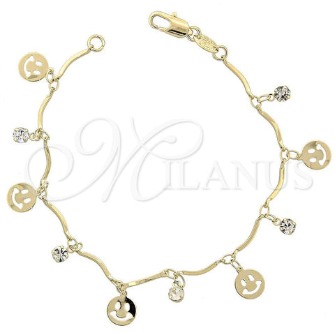 Pulsera de Dije 03.63.1062.07 Oro Laminado, Diseño de Carita Feliz, con Blanca Zirconia Cubica, Pulido, Tono Dorado (02 MM Thickness, 7 Inches Length)