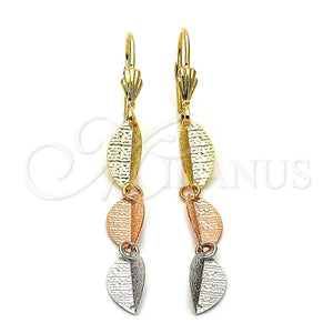 Arete Largo 02.63.2141 Oro Laminado, Diseño de Oja, Diamantado, Tres Tonos