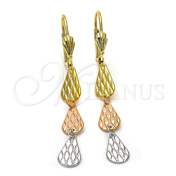 Arete Largo 02.63.2142 Oro Laminado, Diseño de Gota, Diamantado, Tres Tonos