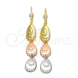 Arete Largo 02.63.2144 Oro Laminado, Diseño de Gota, Diamantado, Tres Tonos