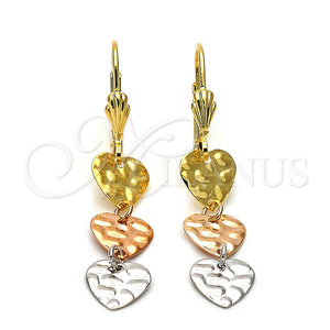 Arete Largo 02.63.2145 Oro Laminado, Diseño de Corazón, Diamantado, Tres Tonos