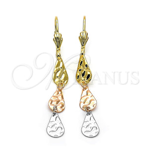 Arete Largo 02.63.2146 Oro Laminado, Diseño de Gota, Diamantado, Tres Tonos