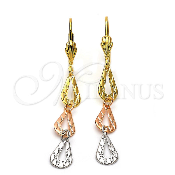 Arete Largo 02.63.2150 Oro Laminado, Diseño de Gota, Diamantado, Tres Tonos