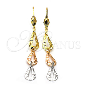 Arete Largo 02.63.2151 Oro Laminado, Diseño de Gota, Diamantado, Tres Tonos