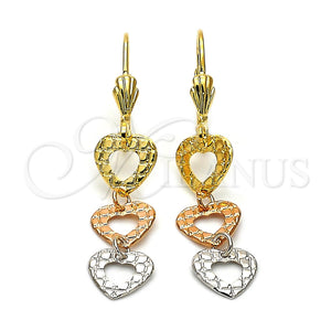 Arete Largo 02.63.2155 Oro Laminado, Diseño de Corazón, Diamantado, Tres Tonos