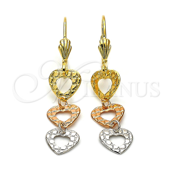 Arete Largo 02.63.2155 Oro Laminado, Diseño de Corazón, Diamantado, Tres Tonos