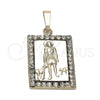 Dije Religioso 5.198.012 Oro Laminado, Diseño de San Lazaro, con Blanca Zirconia Cubica, Pulido, Tono Dorado
