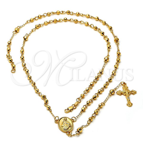 Rosario Fino 5.204.004.28 Oro Laminado, Diseño de Sagrado Corazon de Jesus y Crucifijo, Pulido, Tono Dorado