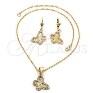 Collar y Dije 06.91.0019 Oro Laminado, Diseño de Mariposa y File, con Blanca Cristal, Pulido, Tono Dorado