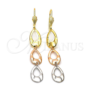 Arete Largo 02.63.2166 Oro Laminado, Diseño de Gota, Diamantado, Tres Tonos