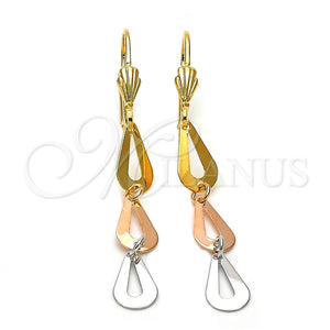 Arete Largo 02.63.2168 Oro Laminado, Diseño de Gota, Diamantado, Tres Tonos