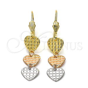 Arete Largo 02.63.2169 Oro Laminado, Diseño de Corazón, Diamantado, Tres Tonos