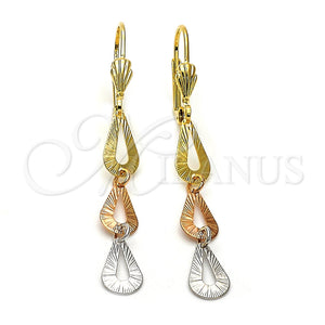 Arete Largo 02.63.2174 Oro Laminado, Diseño de Gota, Diamantado, Tres Tonos