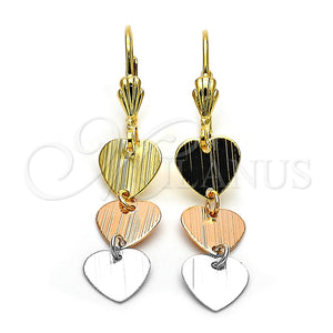 Arete Largo 02.63.2177 Oro Laminado, Diseño de Corazón, Cepillado, Tres Tonos