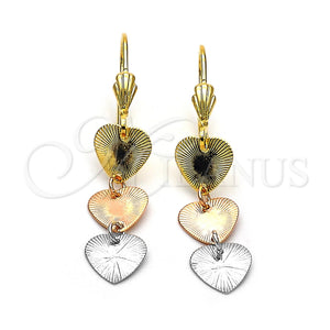 Arete Largo 02.63.2178 Oro Laminado, Diseño de Corazón, Diamantado, Tres Tonos