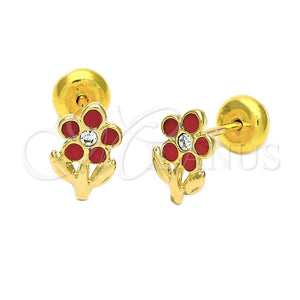 Arete Dormilona 02.09.0044 Oro Laminado, Diseño de Flor, Esmaltado Rojo, Tono Dorado