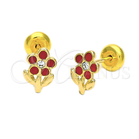 Arete Dormilona 02.09.0044 Oro Laminado, Diseño de Flor, Esmaltado Rojo, Tono Dorado