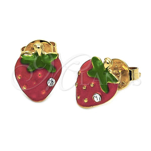 Arete Dormilona 5.126.091.1 *PROMO* Oro Laminado, Diseño de Fresa, con Blanca Cristal, Esmaltado Multicolor, Tono Dorado
