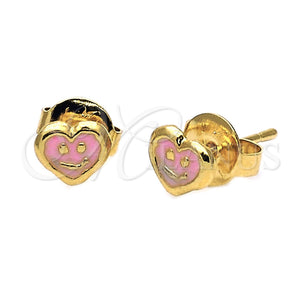 Arete Dormilona 5.126.094.1 *PROMO* Oro Laminado, Diseño de Corazón y Carita Feliz, Esmaltado Rosado, Tono Dorado
