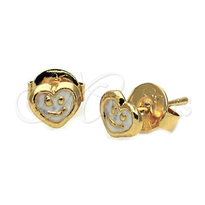 Arete Dormilona 5.126.094.2 *PROMO* Oro Laminado, Diseño de Corazón y Carita Feliz, Esmaltado Blanco, Tono Dorado