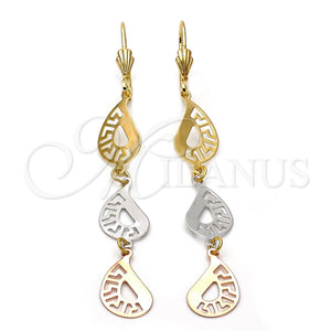 Arete Largo 02.63.2268 Oro Laminado, Diseño de Llave Griega, Pulido, Tres Tonos