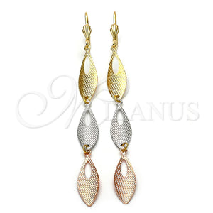 Arete Largo 02.63.2272 Oro Laminado, Diseño de Gota, Diamantado, Tres Tonos