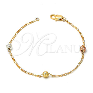 Pulsera Elegante 03.08.0128.07 Chapa de Oro, Diseño de Bola, Diamantado, Tres Tonos (25 MM Thickness, 7 Inches Length)