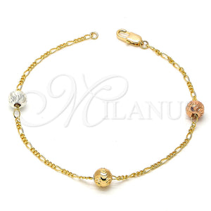 Pulsera Elegante 03.08.0129.08 Chapa de Oro, Diseño de Bola, Diamantado, Tres Tonos (30 MM Thickness, 8 Inches Length)