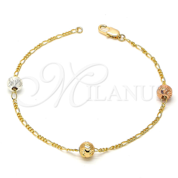 Pulsera Elegante 03.08.0129.08 Chapa de Oro, Diseño de Bola, Diamantado, Tres Tonos (30 MM Thickness, 8 Inches Length)
