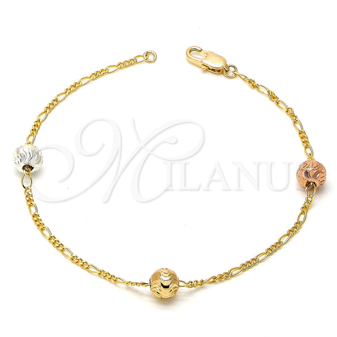 Pulsera Elegante 03.08.0129.08 Chapa de Oro, Diseño de Bola, Diamantado, Tres Tonos (30 MM Thickness, 8 Inches Length)
