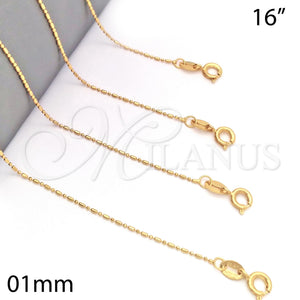 Gargantilla Basica 04.09.0003.16 Oro Laminado, Diseño de Bola, Pulido, Tono Dorado (01 MM Thickness, 16 Inches Length)