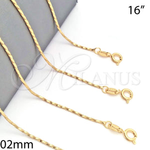 Gargantilla Basica 04.09.0005.16 Oro Laminado, Diseño de Torcido, Diamantado, Tono Dorado (02 MM Thickness, 16 Inches Length)