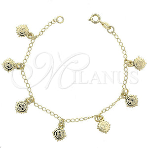 Pulsera de Dije 03.09.0026.07 Oro Laminado, Diseño de Sol, Diamantado, Tono Dorado (03 MM Thickness, 7 Inches Length)