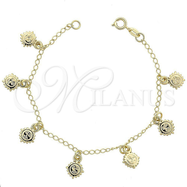 Pulsera de Dije 03.09.0026.07 Oro Laminado, Diseño de Sol, Diamantado, Tono Dorado (03 MM Thickness, 7 Inches Length)
