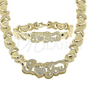 Collar y Pulsera 10.180.0004 Oro Laminado, Diseño de Besos y Abrazos, con Blanca Zirconia Cubica, Diamantado, Tono Dorado