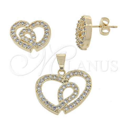 Juego de Arete y Dije de Adulto 10.155.0003 Oro Laminado, Diseño de Corazón, con Blanca Zirconia Cubica, Pulido, Tono Dorado