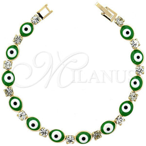 Pulsera Elegante 03.63.1132 Oro Laminado, Diseño de Ojo Griego, con Verde Opal and Blanca Zirconia Cubica, Pulido, Tono Dorado (07 MM Thickness, 8 Inches Length)