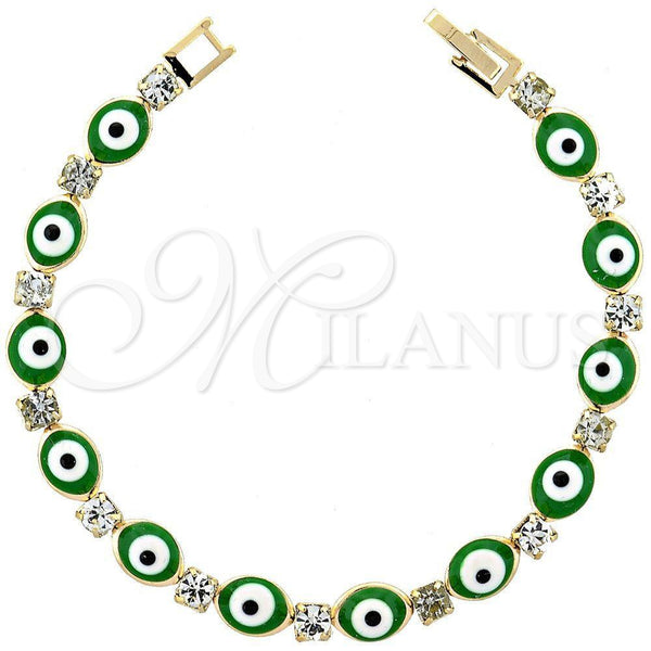Pulsera Elegante 03.63.1132 Oro Laminado, Diseño de Ojo Griego, con Verde Opal and Blanca Zirconia Cubica, Pulido, Tono Dorado (07 MM Thickness, 8 Inches Length)