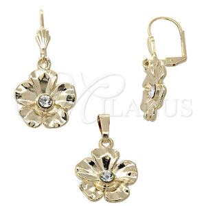 Juego de Arete y Dije de Adulto 10.179.0011 Oro Laminado, Diseño de Flor, con Blanca Zirconia Cubica, Pulido, Tono Dorado