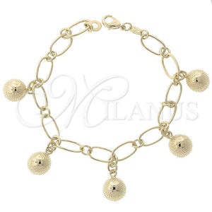 Pulsera de Dije 5.021.001.1 Oro Laminado, Diseño de Bola, Diamantado, Tono Dorado (08 MM Thickness, 7 Inches Length)