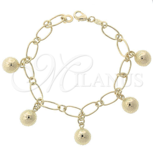 Pulsera de Dije 5.021.001.1 Oro Laminado, Diseño de Bola, Diamantado, Tono Dorado (08 MM Thickness, 7 Inches Length)