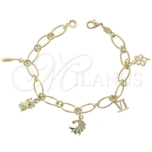 Pulsera de Dije 5.020.009.1 Oro Laminado, Diseño de Gato y Flor, Pulido, Tono Dorado (0.40 Gauge, 07 MM Thickness, 7 Inches Length)
