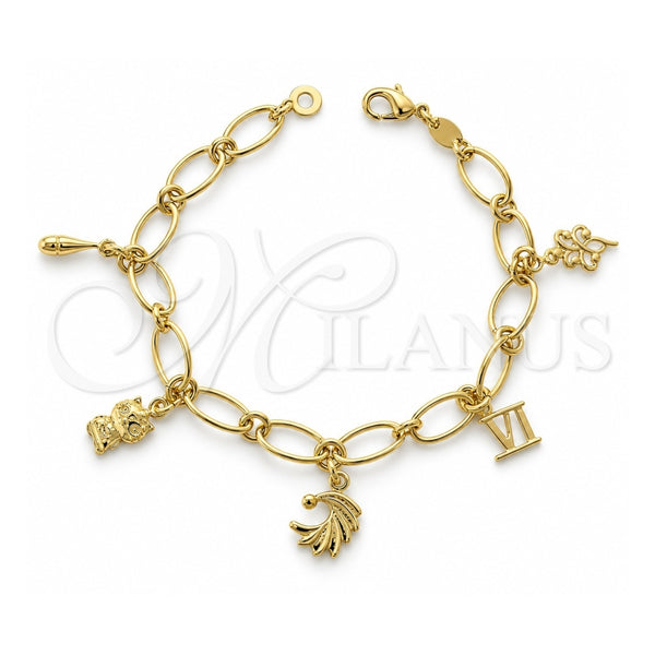 Pulsera de Dije 5.020.009.1 Oro Laminado, Diseño de Gato y Flor, Pulido, Tono Dorado (Calibre 0.40, Grosor 07 MM, 7 Pulgadas de Largo)