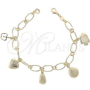 Pulsera de Dije 5.019.010.1 Oro Laminado, Diseño de Manzana y Pescado, Diamantado, Tono Dorado (07 MM Thickness, 8 Inches Length)
